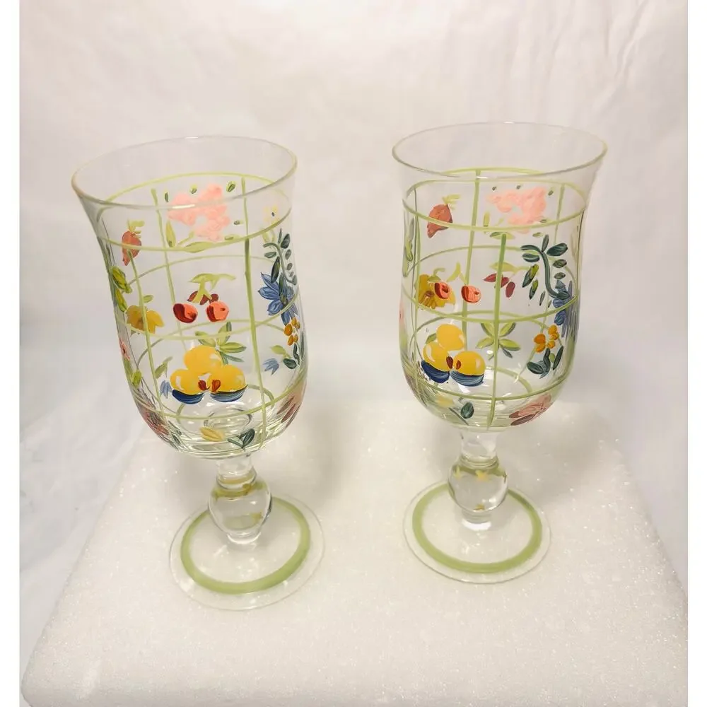Tracy Porter Vintage Set of 2 Handpainted Floral Stemmed Wine/ Water Glasses